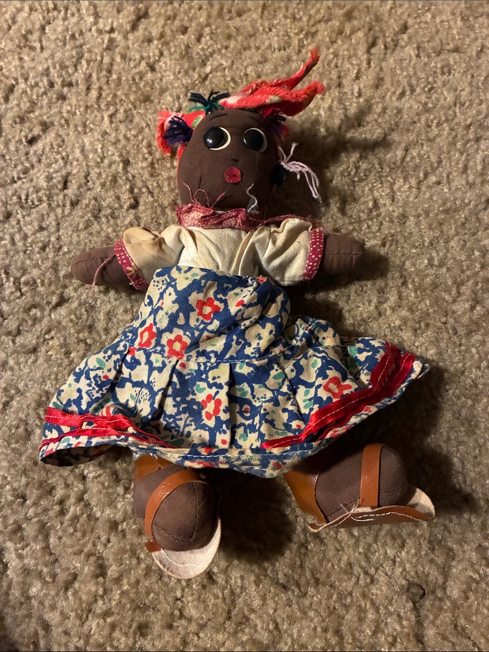 Handmade Brown Fabric Doll with Floral Dress - Kids Toys